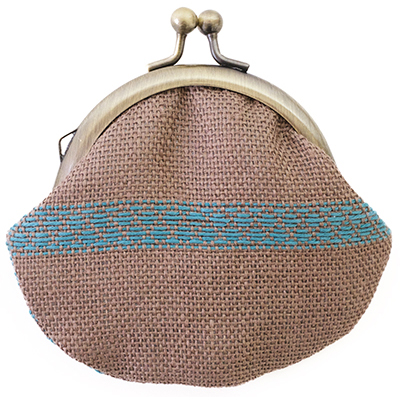 津軽こぎん刺しのがま口(紺x銀ねず)