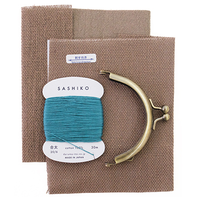 津軽こぎん刺しのがま口(紺x銀ねず)